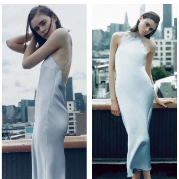 Zara Icy Blue SATIN DRESS WITH SPAGHETTI STRAPS NWT Size  XXL - Picture 1 of 16